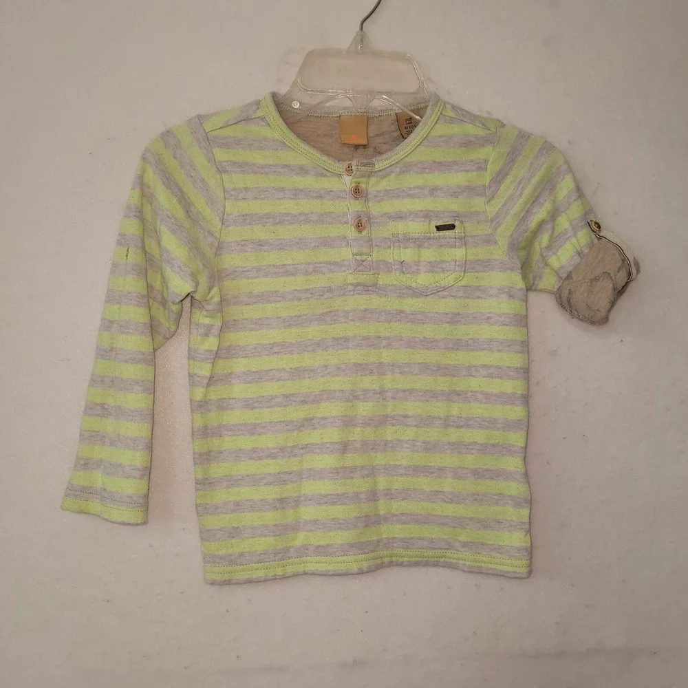 Scotch Shrunk Henley Kid Size 4 Lime Green Gray Striped Long Sleeve Cotton Shirt